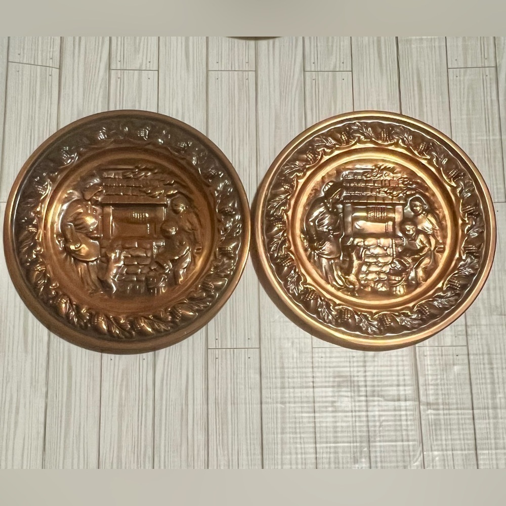 2 Vintage Coppercraft Guild 13โ Copper Wall Hanging Plate with Well Scene